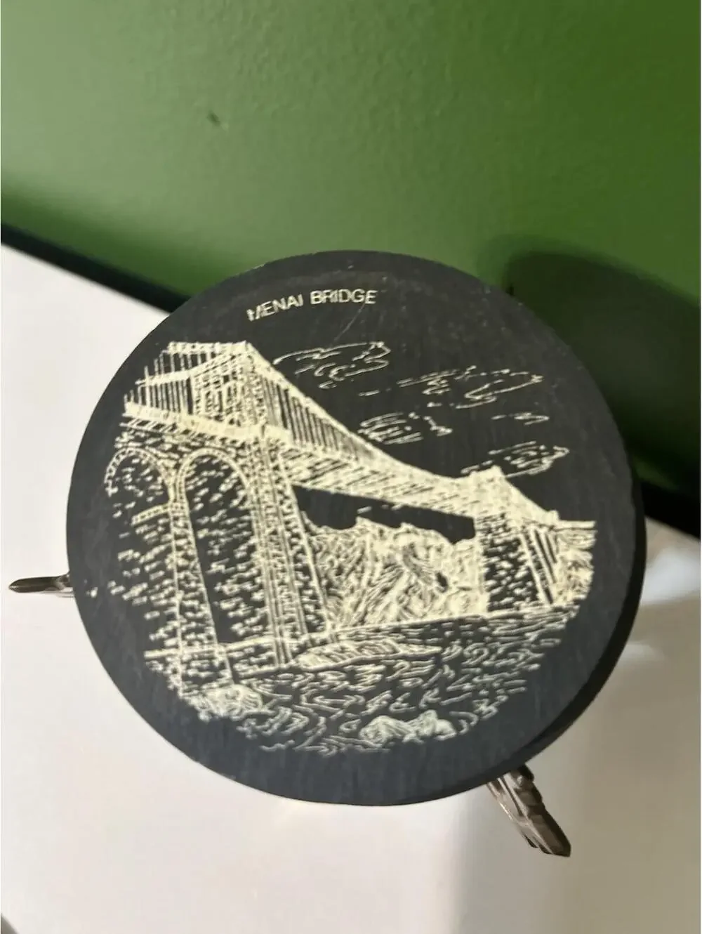 Vintage Welsh Castle Slate Coaster Set+Brass Holder Menai Bridge Harlech Barware